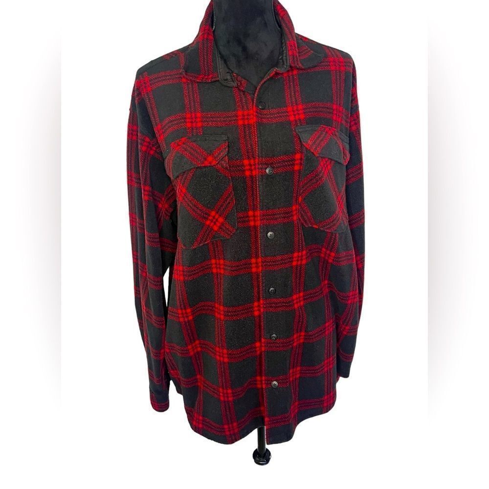 WRANGLER PREMIUM FLEECE RED PLAID LONG SLEEVE BUTTON UP SHACKET LARGE